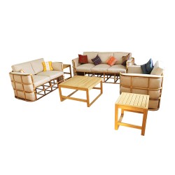 Cane Sofa Set ( 3+2+1) with 1 Bamboo Centre Table and 2 Bamboo Corner Table, Plain, Natural Cane